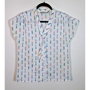 Vintage Loubella Extendables Blouse Womens Size‎ 10/11 White Print Tie